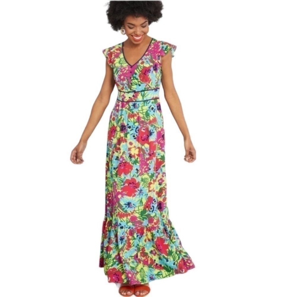 ModCloth Dress Floral V Neck Tiered Ruffle Maxi Dress